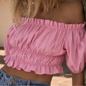Zara Stretch Off The Shoulders Poplin Crop Top in Pink, Size Medium